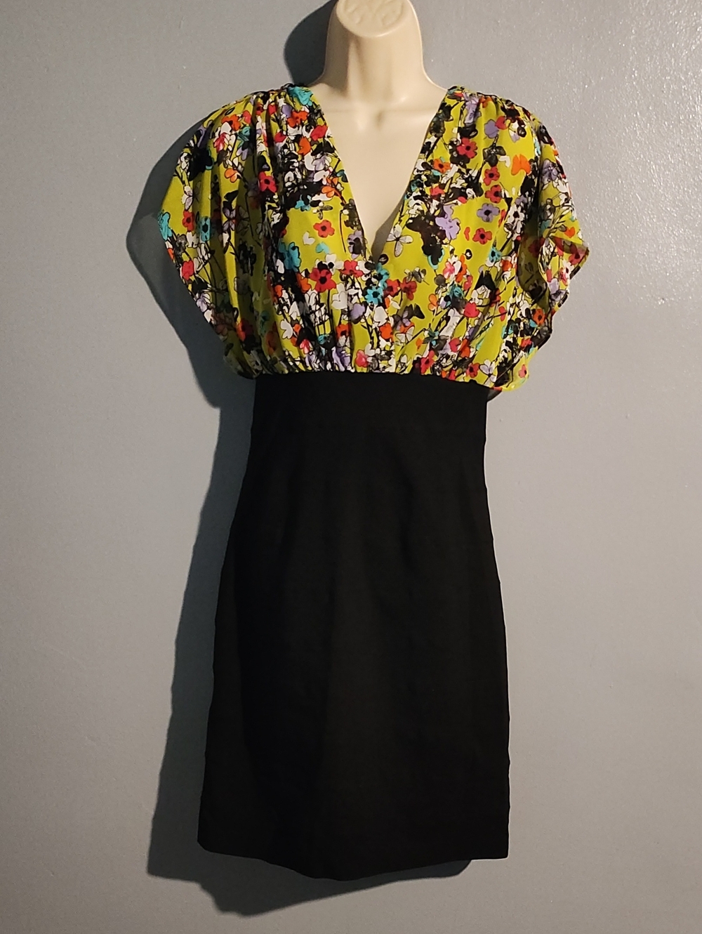 V-Neck Yellow Floral Top & Black Mini Dress